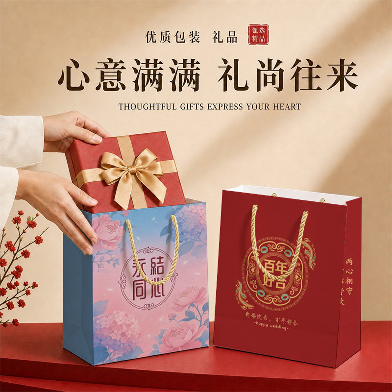 结婚婚礼中式风格喜庆礼品袋纸袋手提袋定制印刷定制logo加厚批发