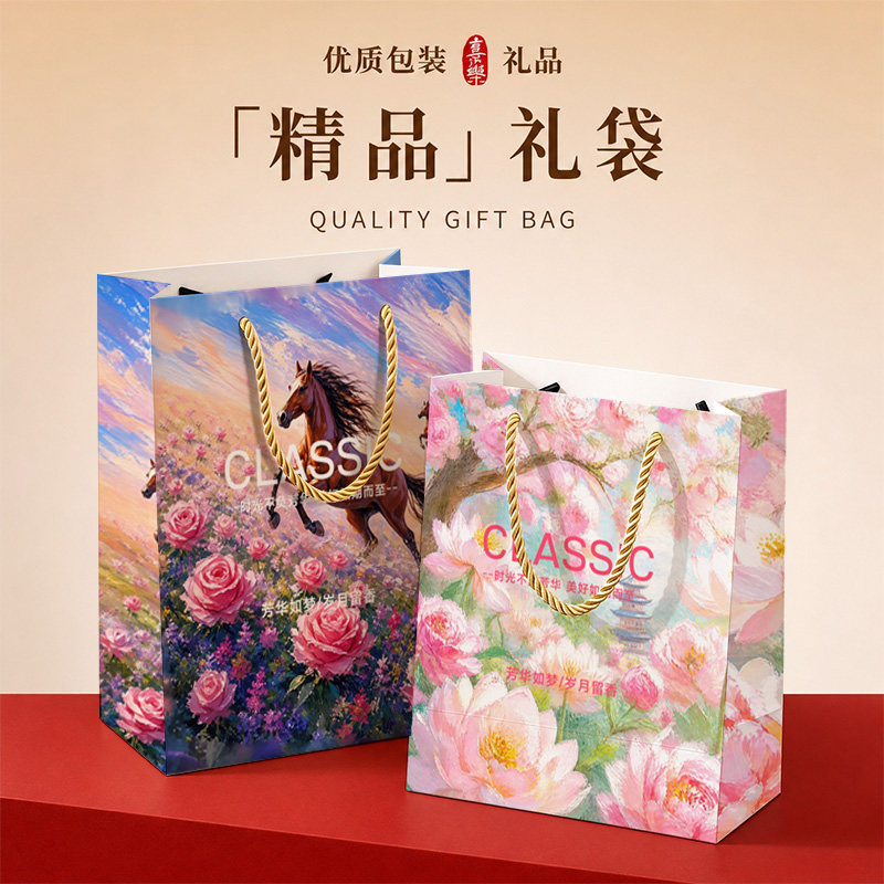 精美花卉礼品袋手提袋纸质印刷logo包装袋企业定制加厚新款高颜值