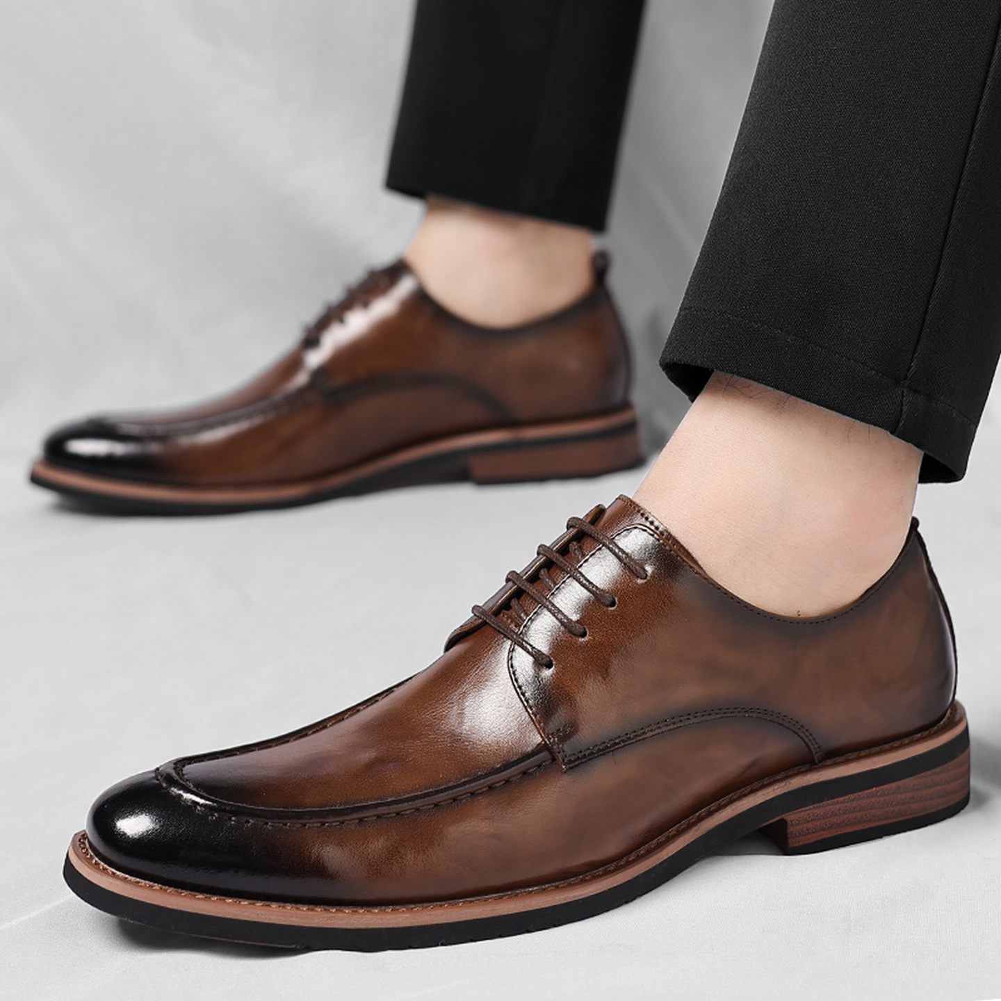 尖头系带男鞋2025新款真皮正装商务男皮鞋结婚新郎英伦西装高级感