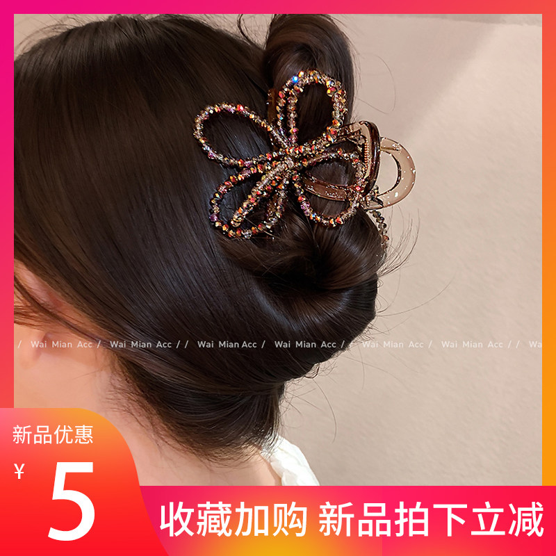 高端炫彩水晶鲨鱼夹发量少盘发