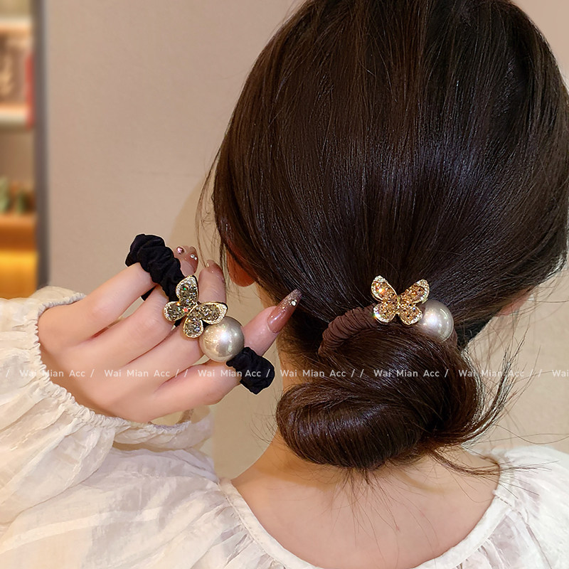 2025新款网红蝴蝶珍珠发圈女时尚扎丸子头高弹力皮筋轻奢镶钻头绳