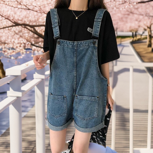 夏季韩版宽松大学生牛仔背带短裤女小个子百搭显瘦减龄五分阔腿裤