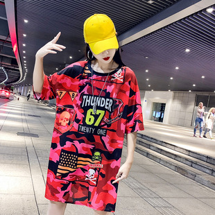 大码T恤女2026夏季新款韩版红迷彩印花中长款网眼冰丝圆领休闲裙