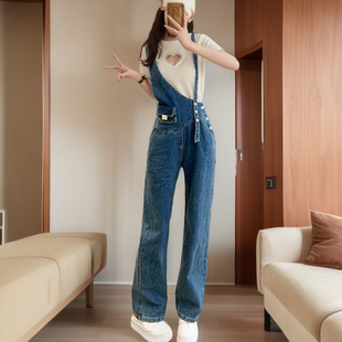 女款牛仔背带裤宽松高腰设计感小众不对称时尚潮流减龄直筒连体裤
