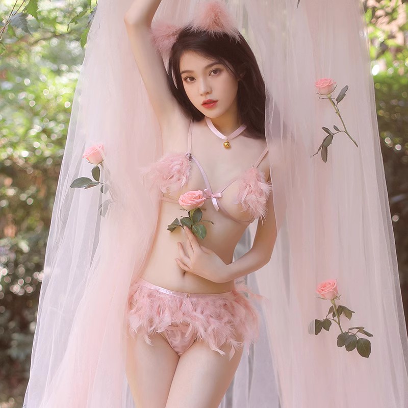 纯欲秋冬季新款羽毛仙女睡衣女性感夏深V低胸吊带睡裙家居服套装