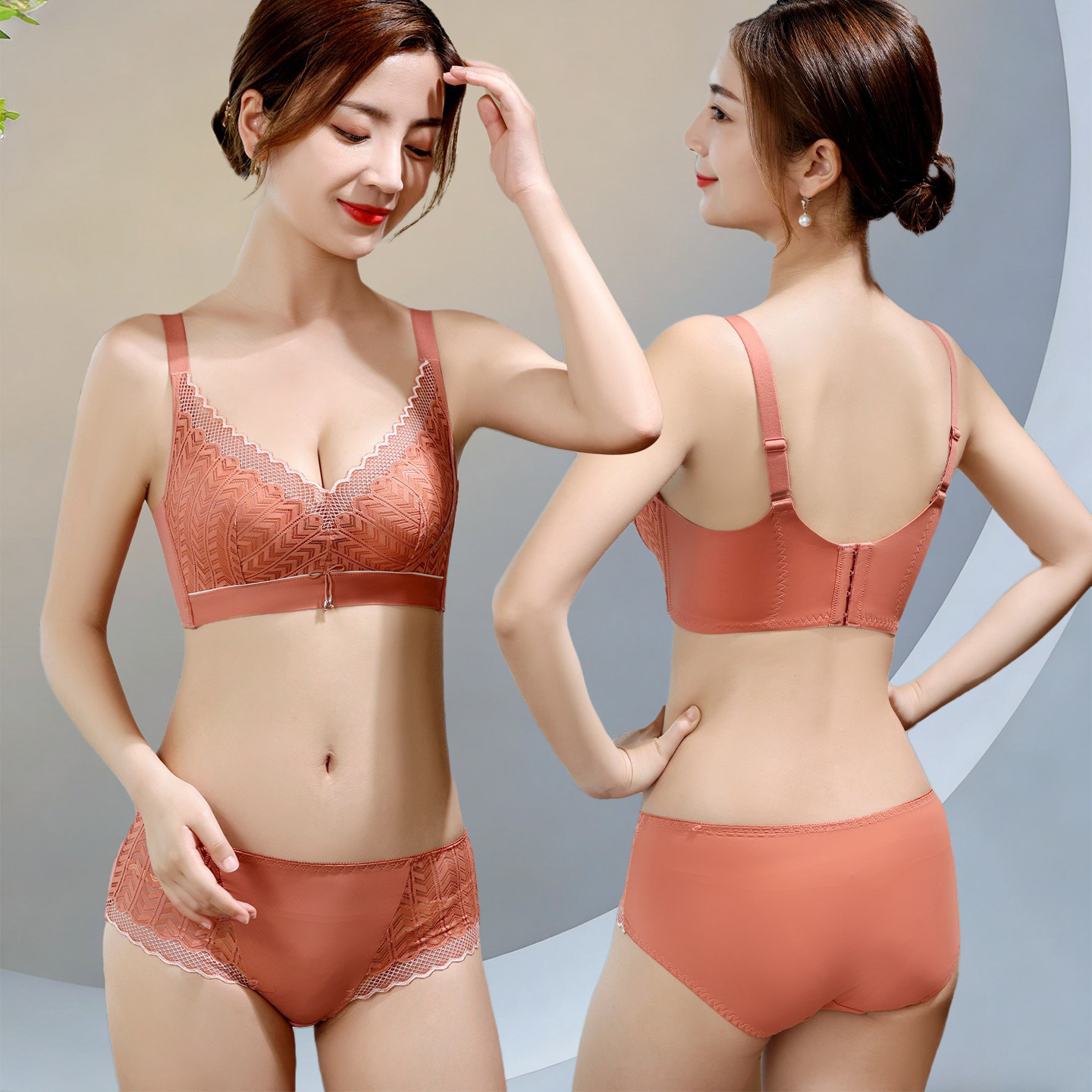 新款舒适四排扣内衣女性感蕾丝调整型上托胸罩无钢圈聚拢文胸套装