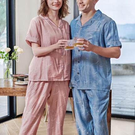 绮瑞新品情侣梭织棉夏季睡衣短袖薄款睡眠家居服长裤可外穿套装