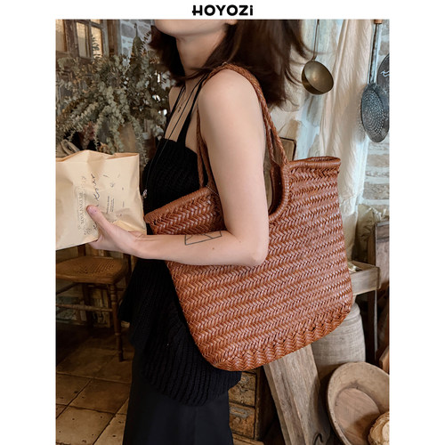 HOYOZI 2026新品 头层牛皮手工编织单肩大包腋下女【小优家包包】