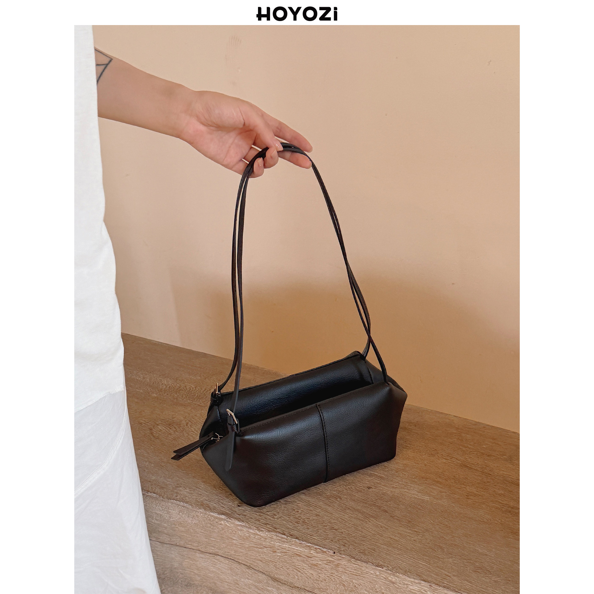 HOYOZI 2026新品 黑色头层牛皮腋下包包女单肩斜挎【小优家包包】图片
