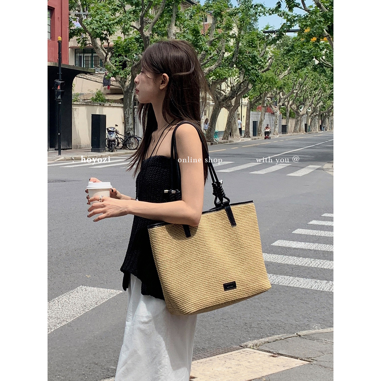 【小优家包包】HOYOZI草编织包 真皮拼接拉菲草单肩托特通勤大包