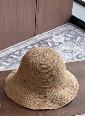 日本高品质草编盆帽女拉菲草手工刺绣编织大檐防晒遮阳帽渔夫帽潮