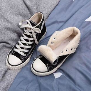冬季加绒加厚高帮帆布鞋女情黑色系带保暖休闲板鞋百搭平底时尚女