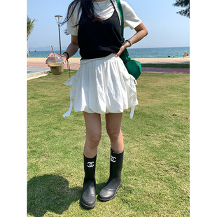 甜美俏皮520303 黄峥松紧腰口袋蝴蝶结飘带蓬蓬花苞短裙女2025夏款