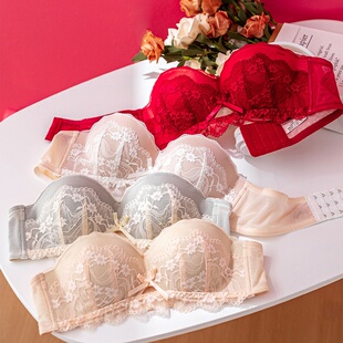 纯欲蕾丝内衣厚杯小胸聚拢显大饱满防下垂无钢圈大红色文胸罩