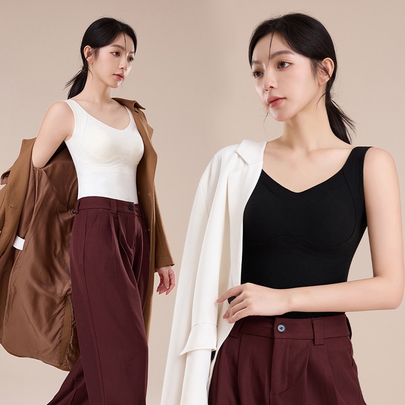 果冻条提拉背心磨毛保暖衣修身内搭带胸垫舒适亲肤桑蚕丝恒温打底