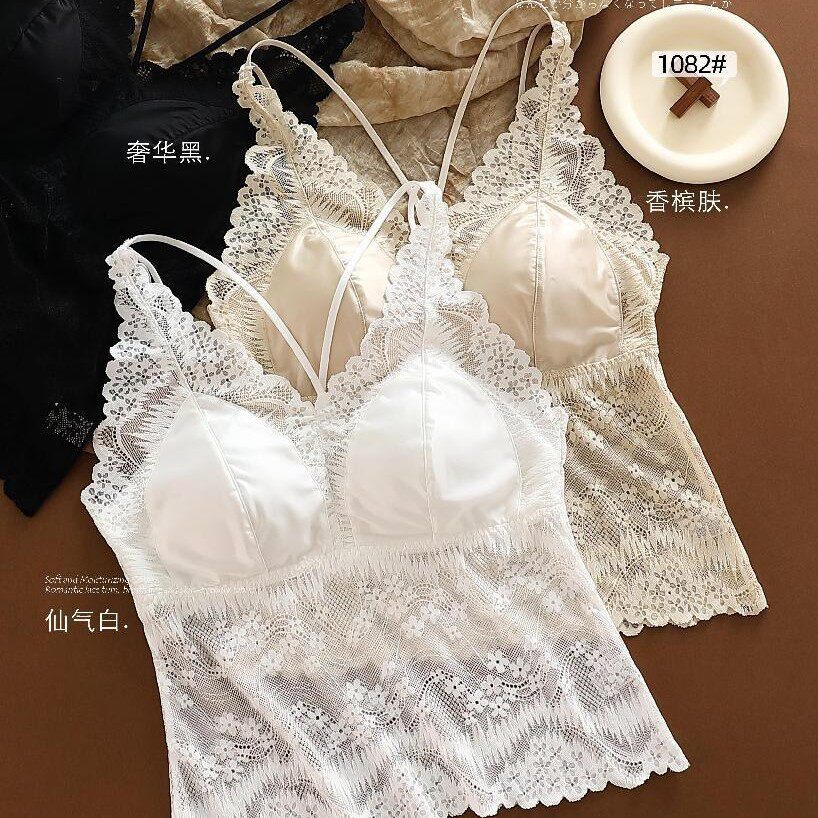 高级感春夏蕾丝缎面美背上衣性感显瘦内衣吊带免穿文胸背心抹胸