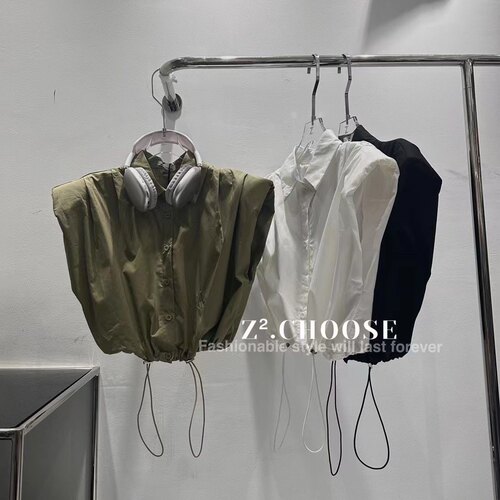 女童2024年夏季新款港风时尚洋气抽绳收腰单排扣无袖短款衬衫上衣