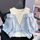 衬衫 娃娃衫 夏季 儿童夏装 领上衣女孩宽松条纹衬衣 2025新款 女童短袖