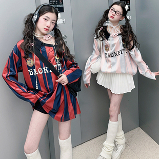 美式复古球衣女童春季2025新款竖条纹撞色V领宽松慵懒风女孩上衣