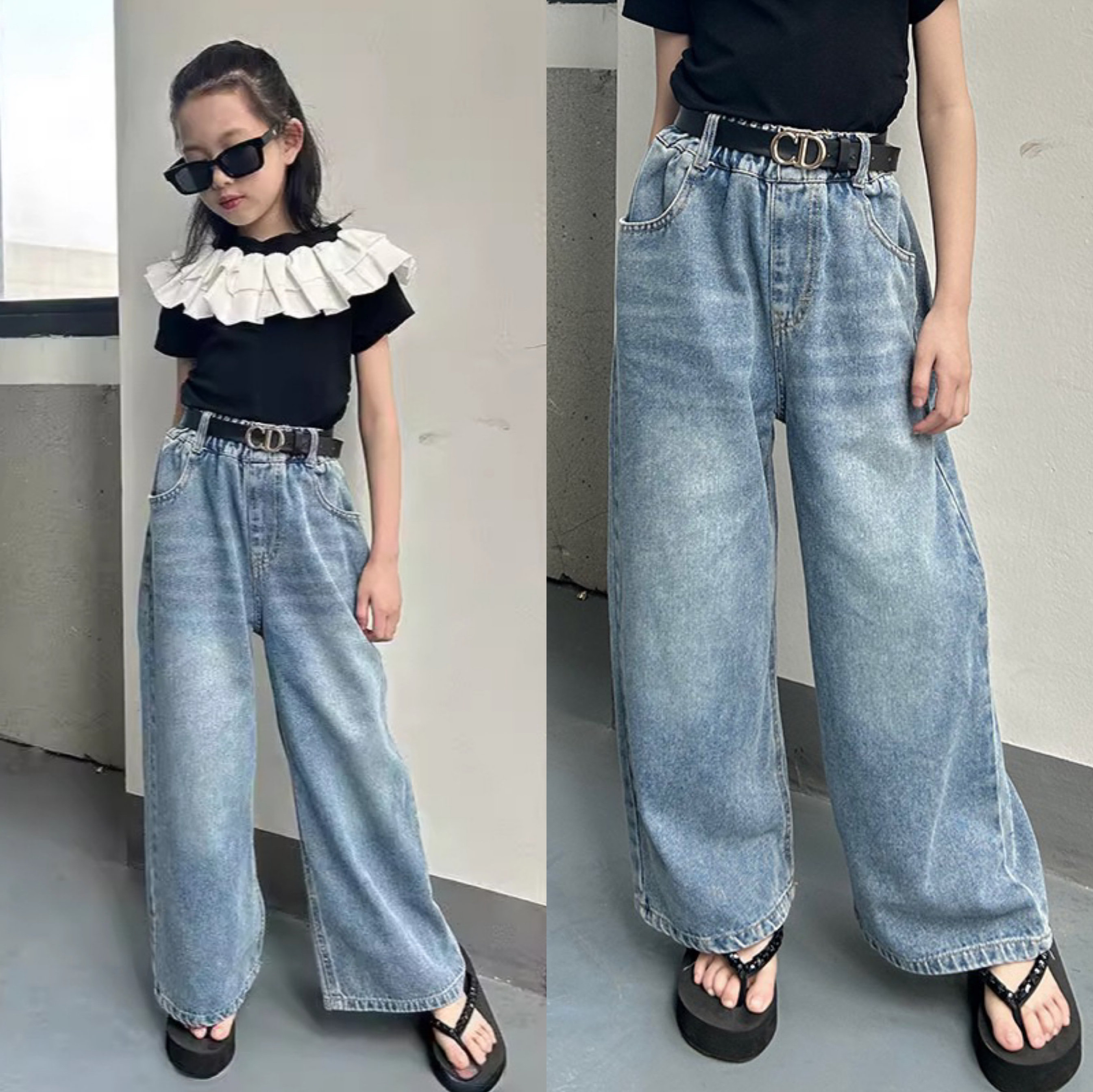 女童牛仔裤阔腿牛仔水桶裤复古做旧宽松裤子春夏新款2024直筒裤潮