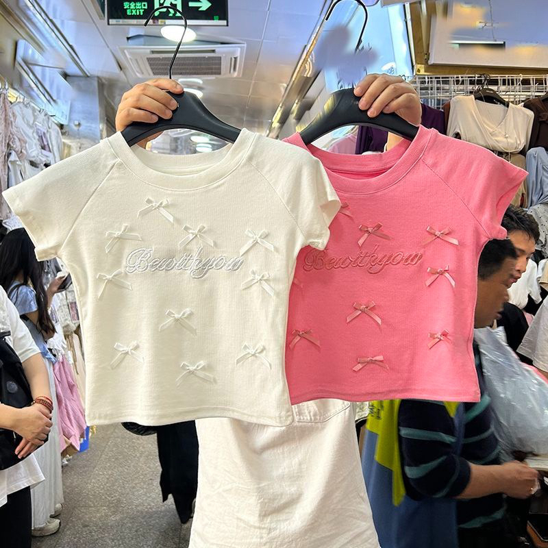 韩系风夏季立体蝴蝶结复古重工刺绣恤短袖女童洋气修身短款百搭潮