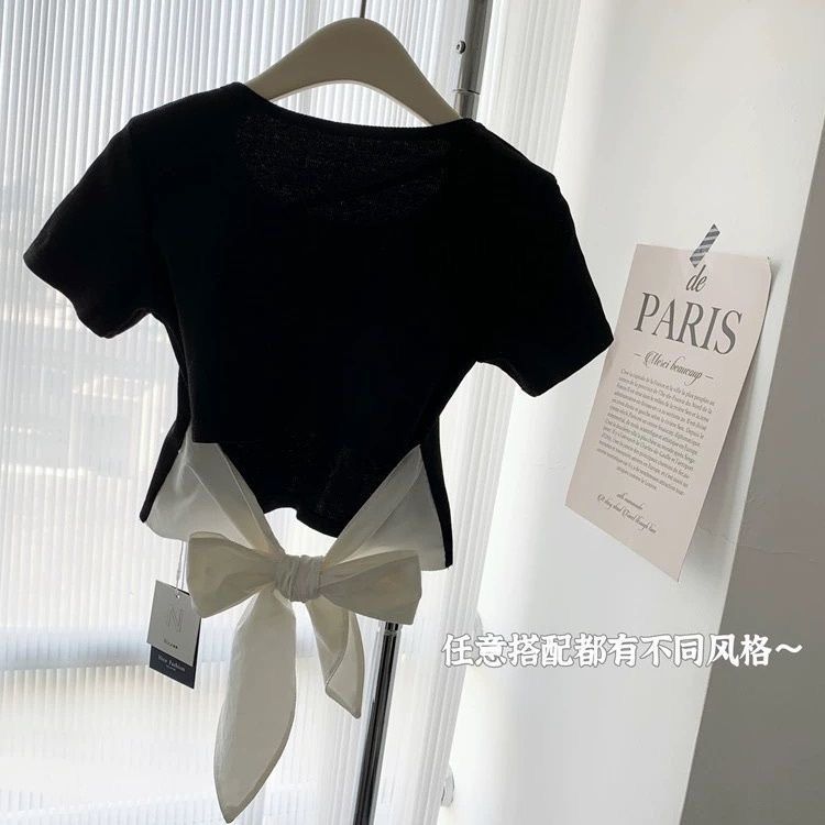 女童新款短袖夏季镂空绑带蝴蝶结露背修身百搭上衣洋气短款t恤潮