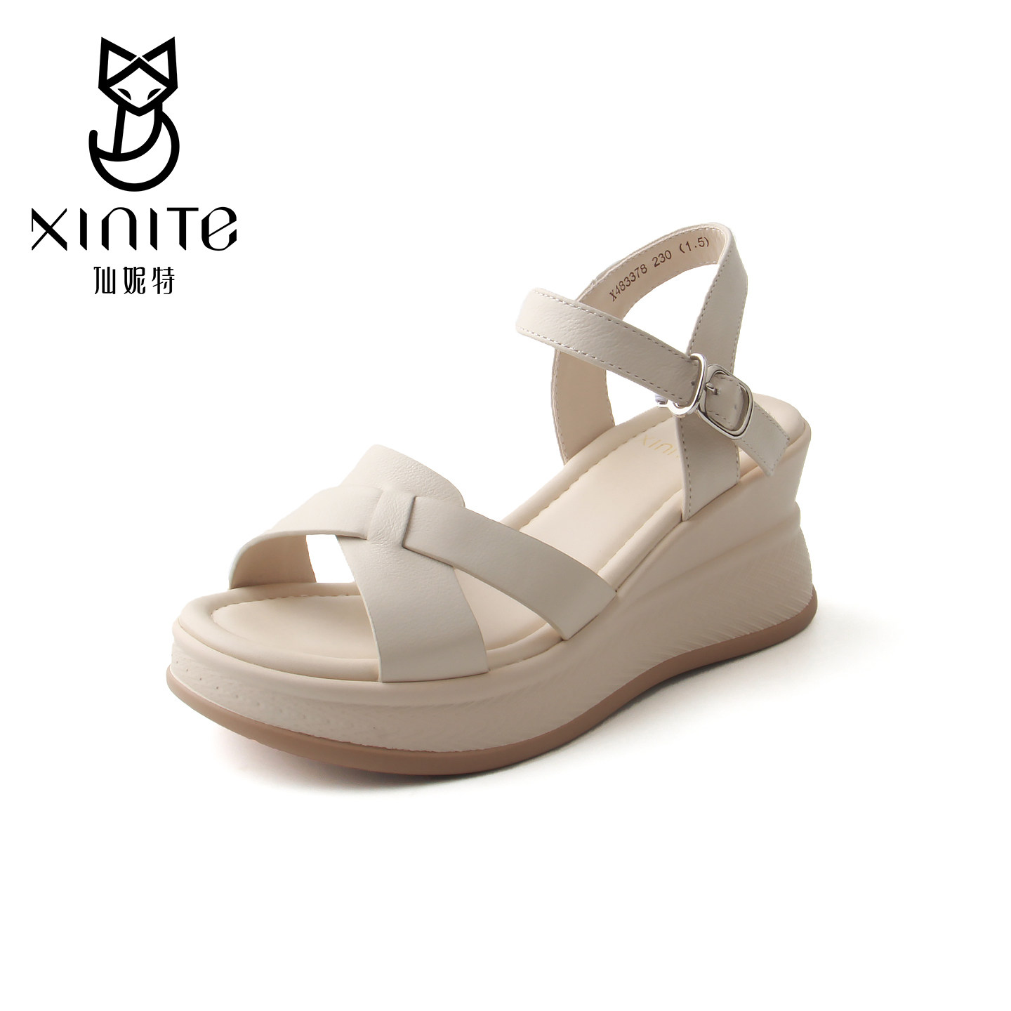仙妮特厚底坡跟牛皮凉鞋女夏百搭交叉带松糕鞋增高休闲鞋 X483378