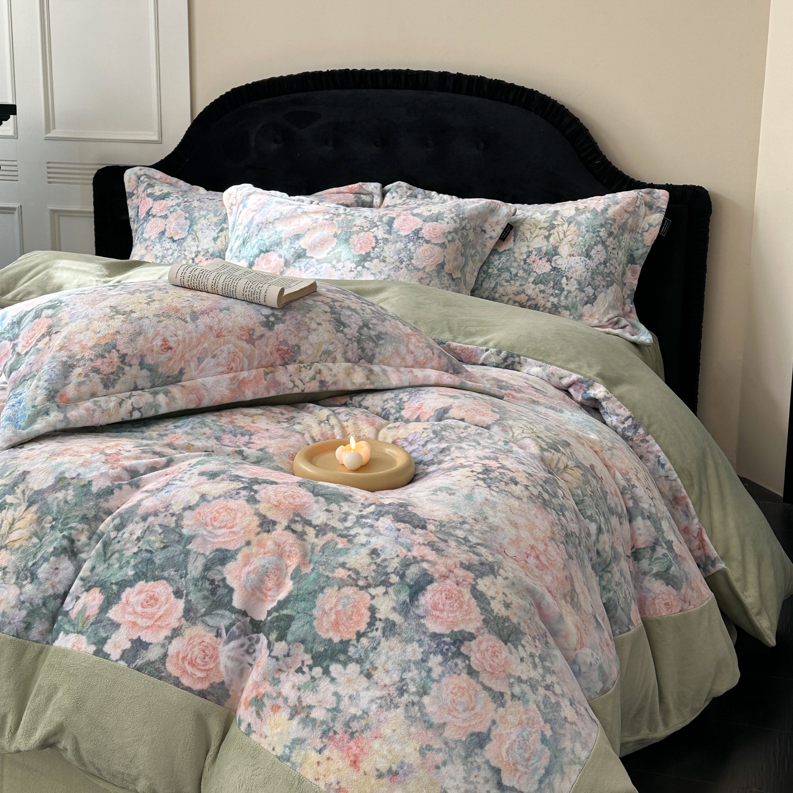 东方美学秋冬暖绒温暖印花纯色拼角四件套四季芳华高克重牛奶短绒