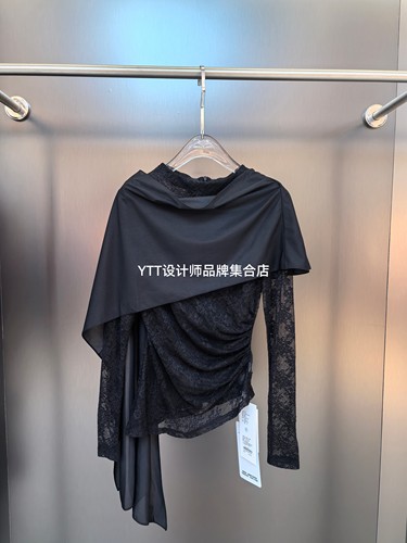 顺丰包邮 UTUH｜2026春夏新款黑色蕾丝拼接上衣女修身显瘦上衣