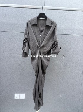 顺丰包邮 UNCODED/2026夏季新款深灰色中袖衬衫连衣裙女宽松上衣