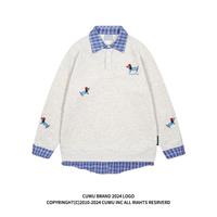 cuwu美式復(fù)古小狗刺繡POLO領(lǐng)衛(wèi)衣女春秋季假兩件寬松情侶套頭上衣
