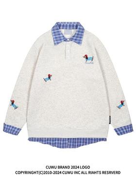cuwu美式复古小狗刺绣POLO领卫衣女春秋季假两件宽松情侣套头上衣