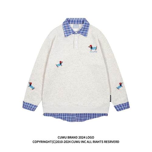 cuwu美式复古小狗刺绣POLO领卫衣女春秋季假两件宽松情侣套头上衣
