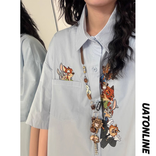 UATONLINE夏季日系休闲文艺少年感趣味卡通刺绣短袖衬衫上衣女潮