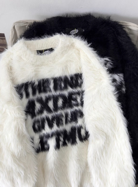 Nuneon美式情侣毛衣男女秋冬宽松字母仿貂毛小众慵懒风圆领针织衫