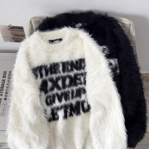 Nuneon美式情侣毛衣男女秋冬宽松字母仿貂毛小众慵懒风圆领针织衫