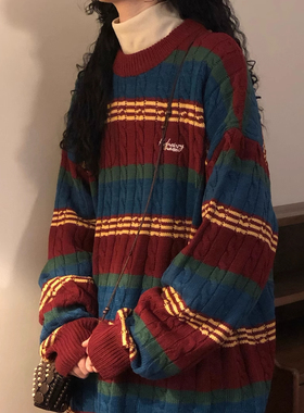 ECOK2025秋冬美式复古宽松学院风拼色条纹套头针织衫圆领毛衣女潮