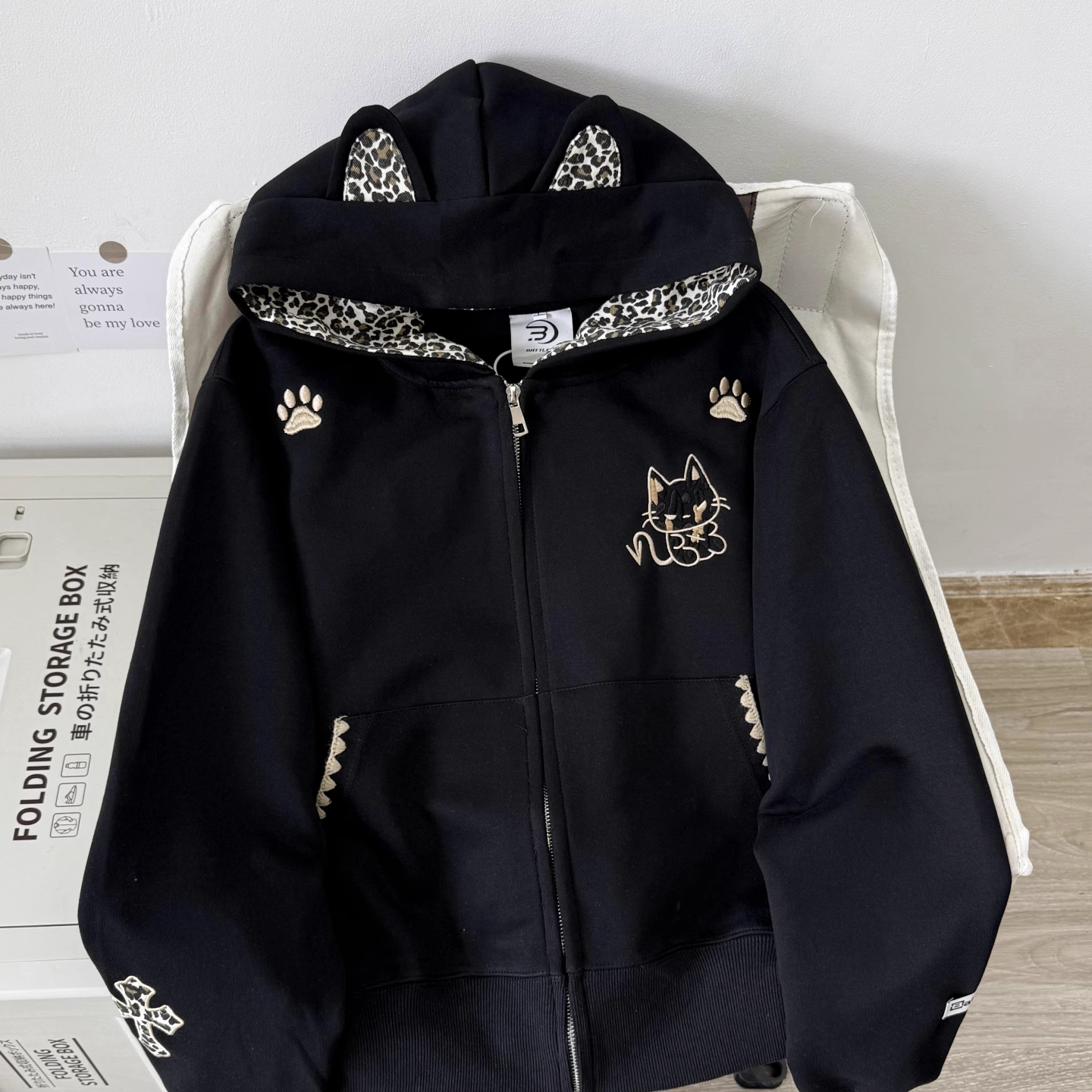 Nuneon美式复古开衫拉链外套豹纹恶魔秋冬宽松加绒连帽卫衣女情侣