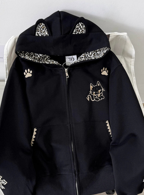 Nuneon美式复古开衫拉链外套豹纹恶魔秋冬宽松加绒连帽卫衣女情侣