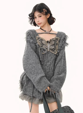 Sanowers美式复古设计感蝴蝶贴布绣毛衣女秋冬宽松慵懒风针织上衣