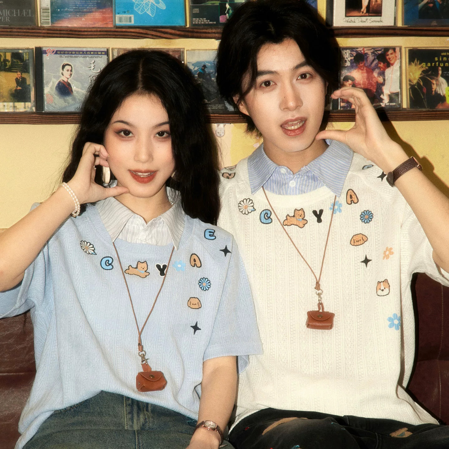 酒酿丸子ALOHA 复古港风刺绣拼接挂件假两件套情侣T恤短袖罩衫夏