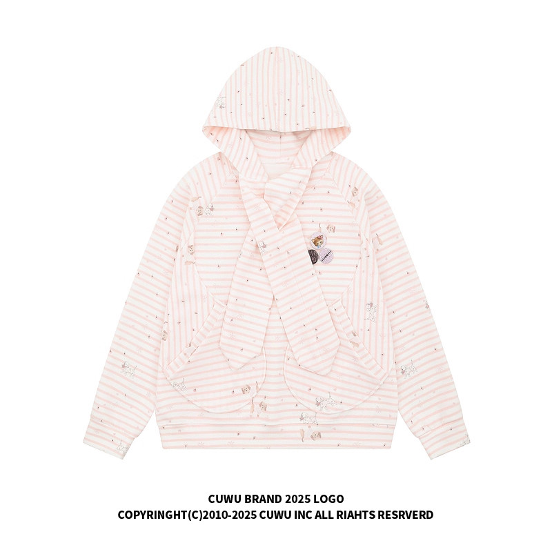 cuwu甜美绑带满印小狗条纹连帽卫衣女男秋季宽松慵懒套头粉色外套