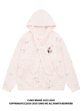 cuwu甜美绑带满印小狗条纹连帽卫衣女男秋季宽松慵懒套头粉色外套