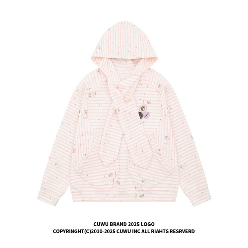 cuwu甜美绑带满印小狗条纹连帽卫衣女男秋季宽松慵懒套头粉色外套
