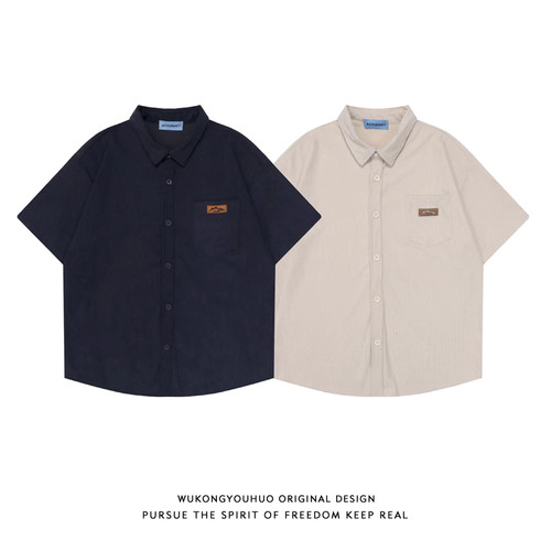 悟空有货日系简约绣标短袖衬衫男复古街头夏季宽松bf百搭衬衣外套