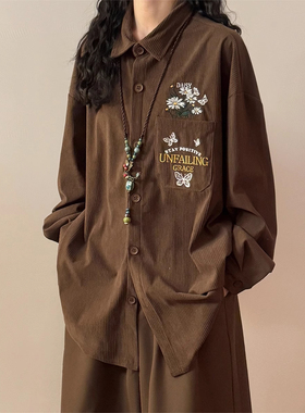 ECOKSOLO2025春美式复古慵懒风小菊花灯芯绒休闲百搭长袖衬衫上衣