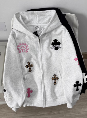 Nuneon美式街头潮牌十字架开衫拉链外套秋冬宽松连帽加绒卫衣男女