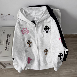 Nuneon美式街头潮牌十字架开衫拉链外套秋冬宽松连帽加绒卫衣男女