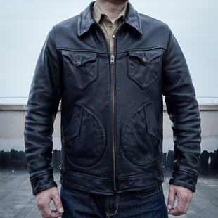 经典黑色门多萨农场主小牛皮男翻领多兜夹克美式休闲