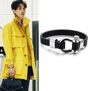 九尾狐传李栋旭同款皮手链黑色皮质复古马蹄扣个性阿美咔叽手链